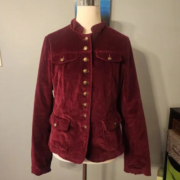 Gadzooks Burgundy Velvet Women's Blazer Military Jacket Size Large - Picture 1 of 11